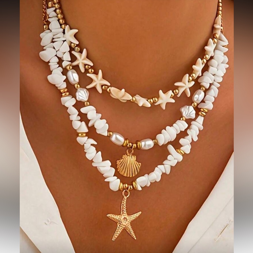 Layered White Bead &‎ Gold Shell Necklace - Women Jewelry